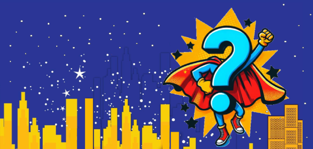 image of a question mark with a cape above a skyline at night
